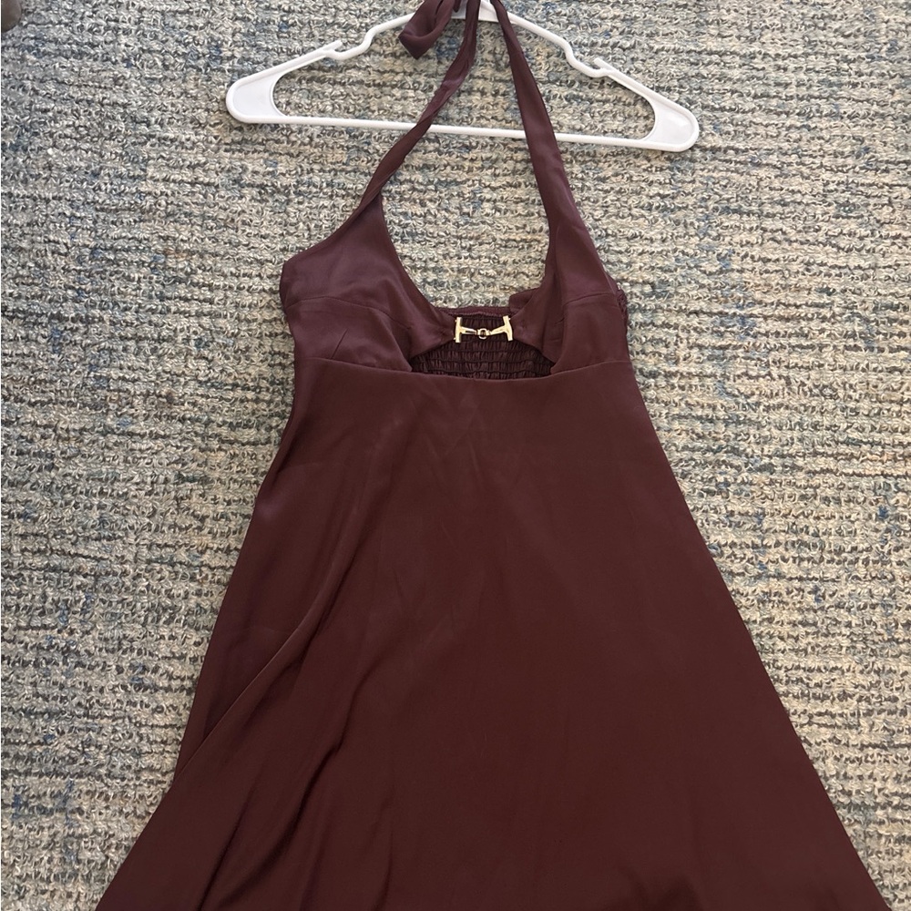 Halter Midi Dress with Gold Accent - Deep Wine